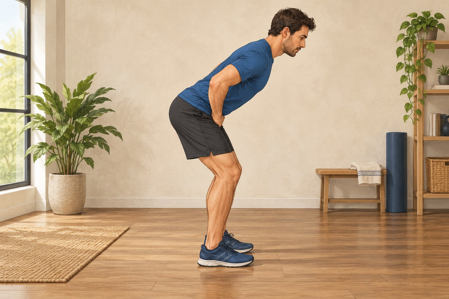 Illustration of an adult practising an unweighted hip hinge in profile.