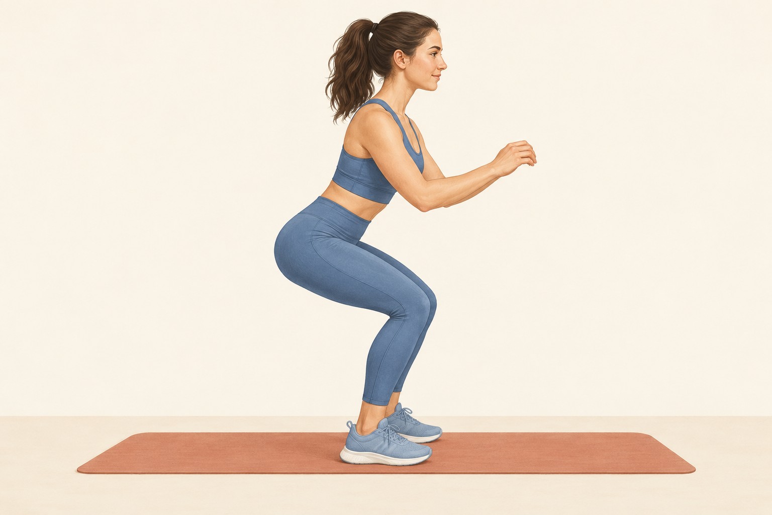 Illustration of a partial-range bodyweight squat with both heels on the floor.