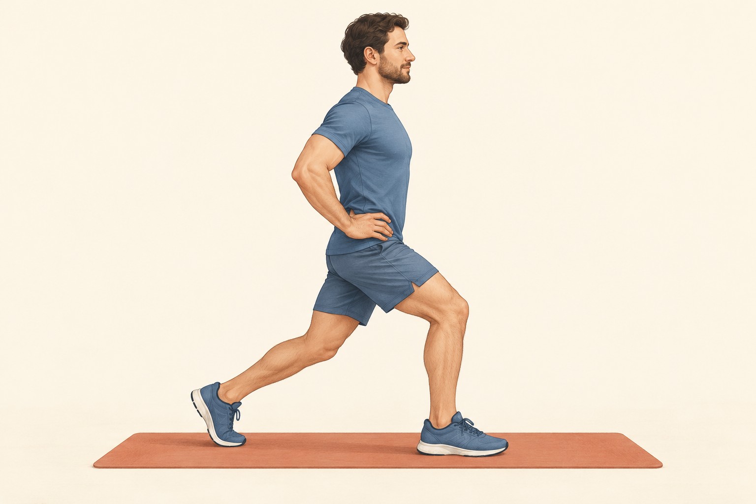 Illustration of a small-range reverse lunge with the back knee kept well above the floor.