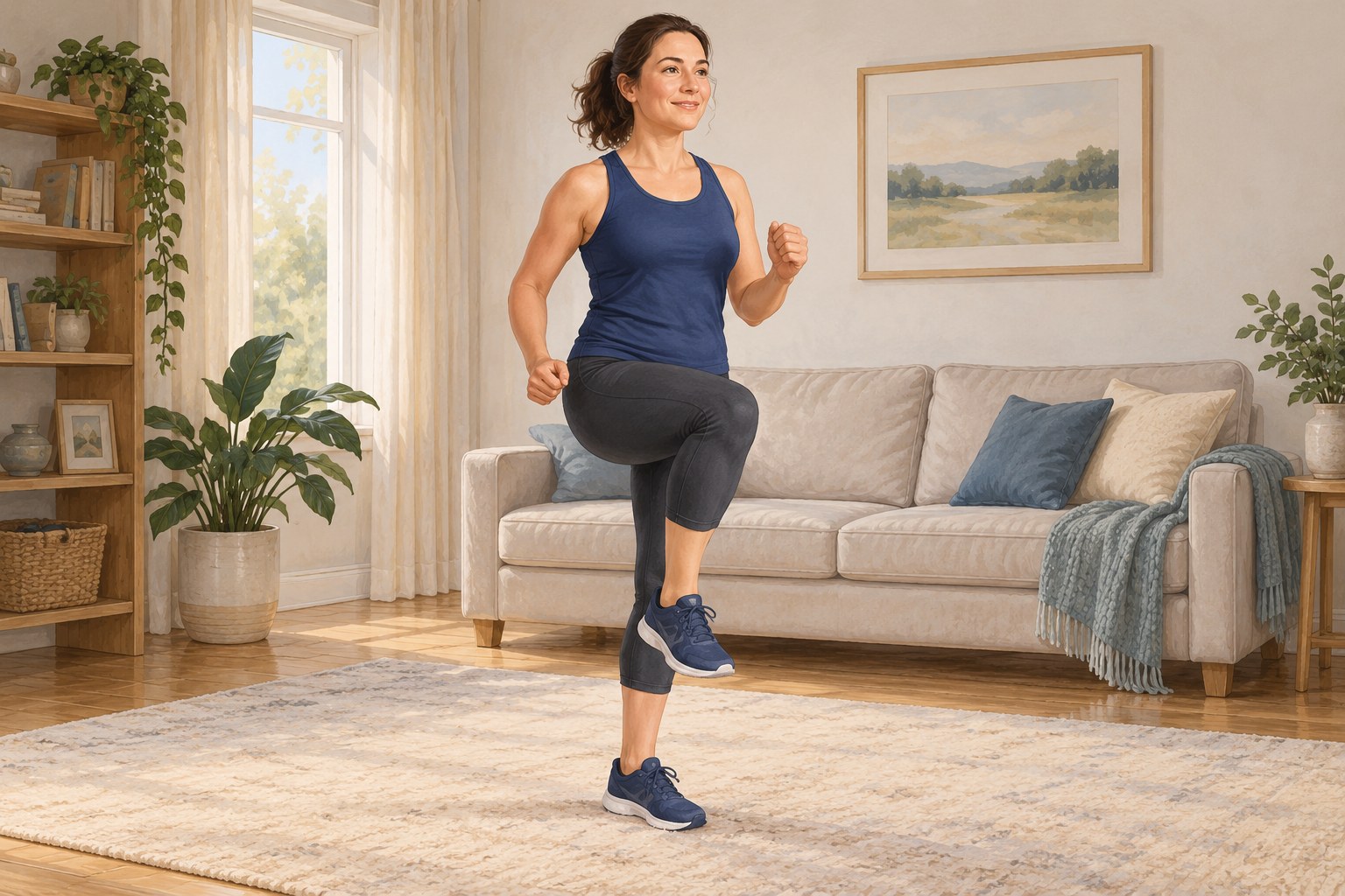 Illustration of an adult marching on the spot in a clear living room.
