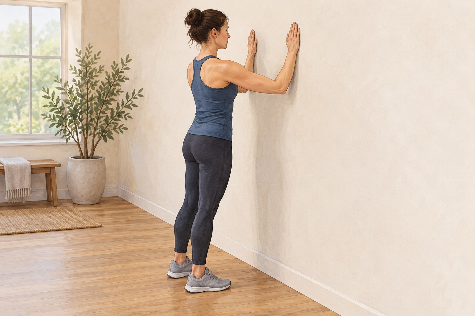 Illustration of an adult facing a wall with raised arms before a wall slide.
