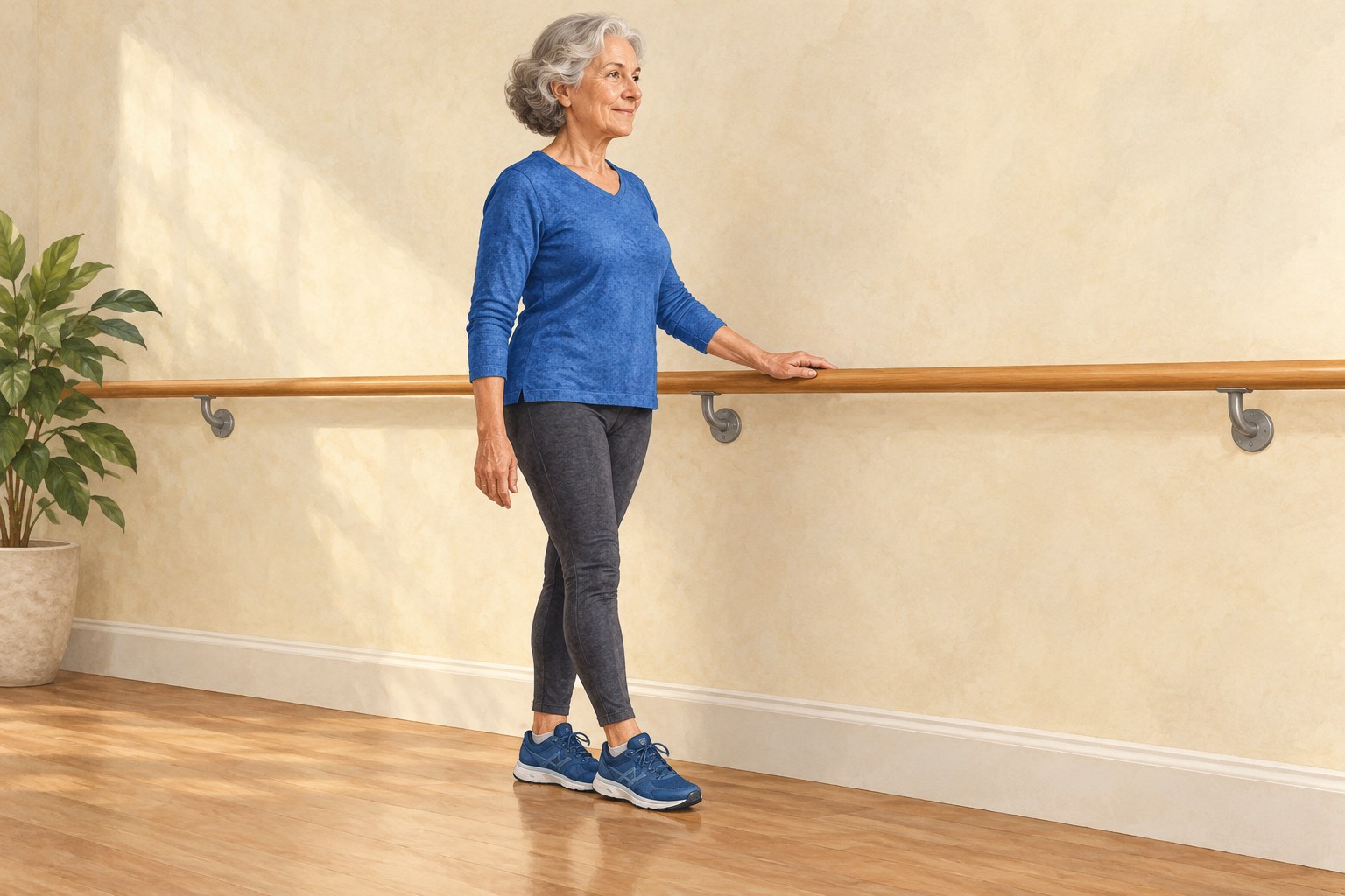 Illustration of heel-to-toe balance practice beside a fixed rail.