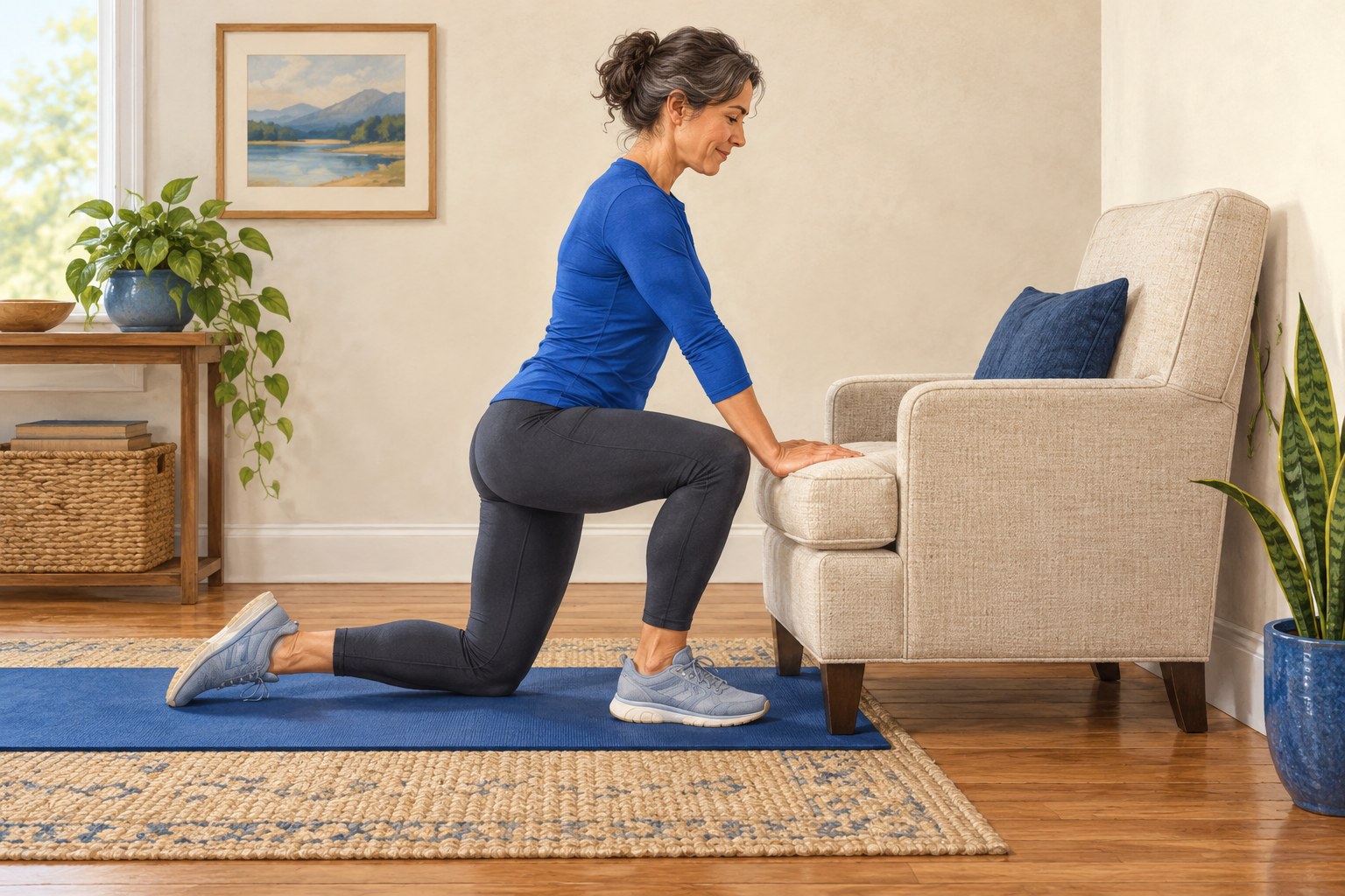 Illustration of a half-kneeling position beside a stable chair before standing.