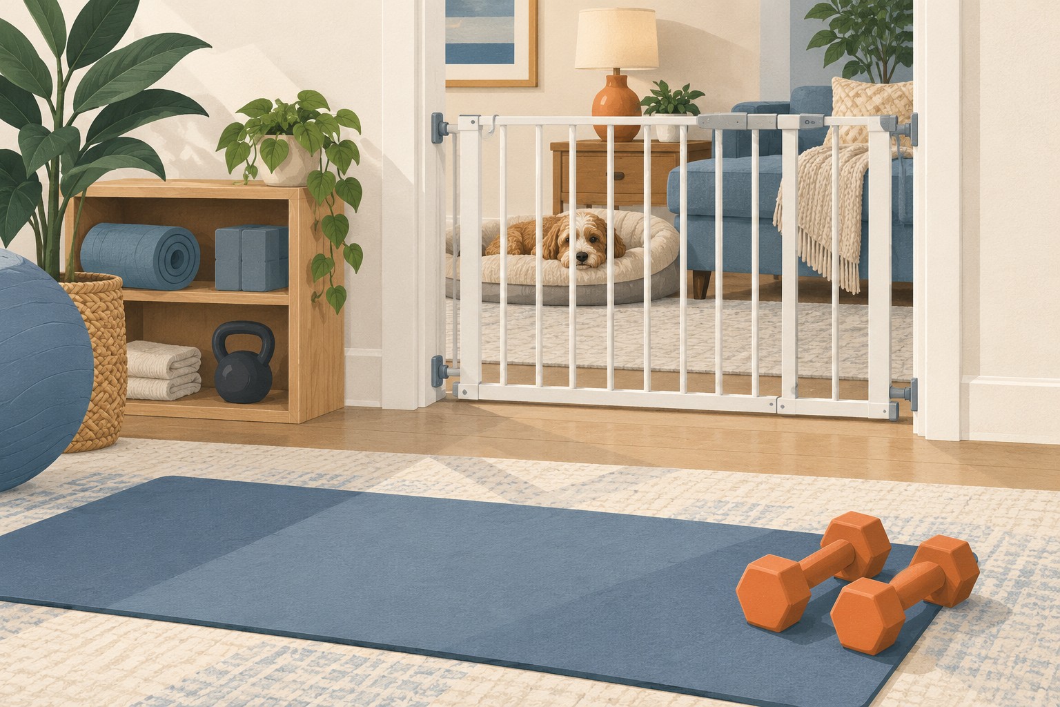 Illustration of a closed safety gate separating a resting dog from a home exercise area.