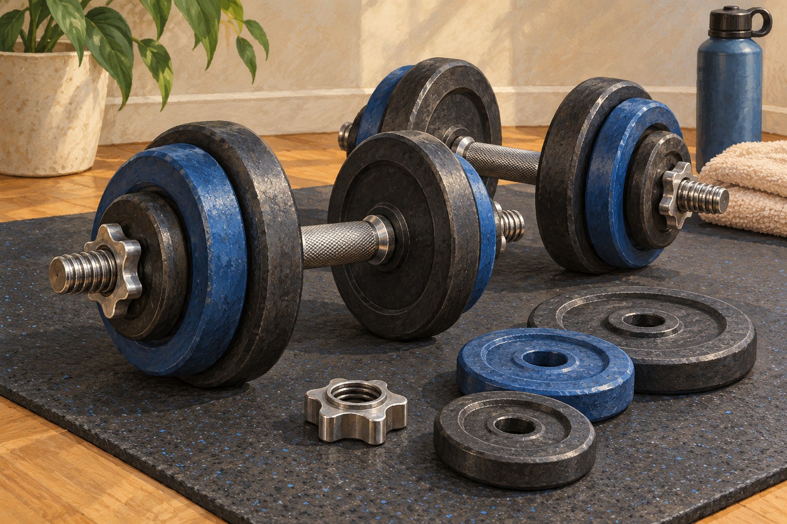 Illustration of spin-lock adjustable dumbbells, loose plates and a threaded collar.