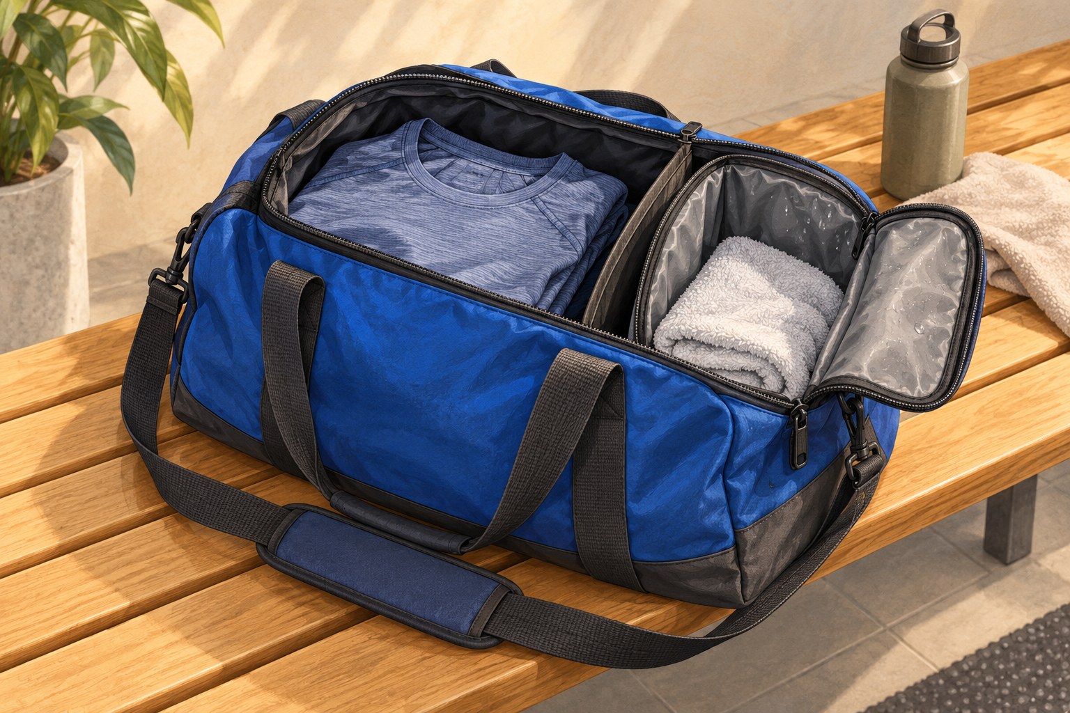 Illustration of a gym bag with separated wet and dry compartments.