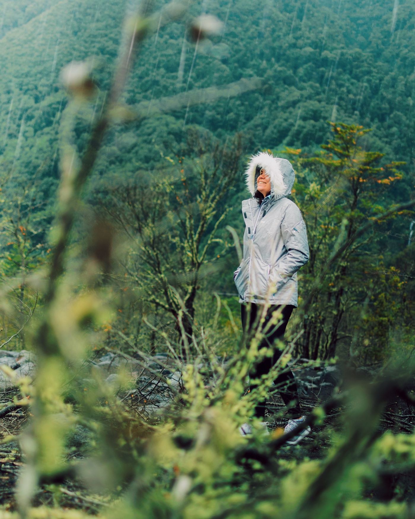A walker wearing a hooded waterproof jacket in wet weather.