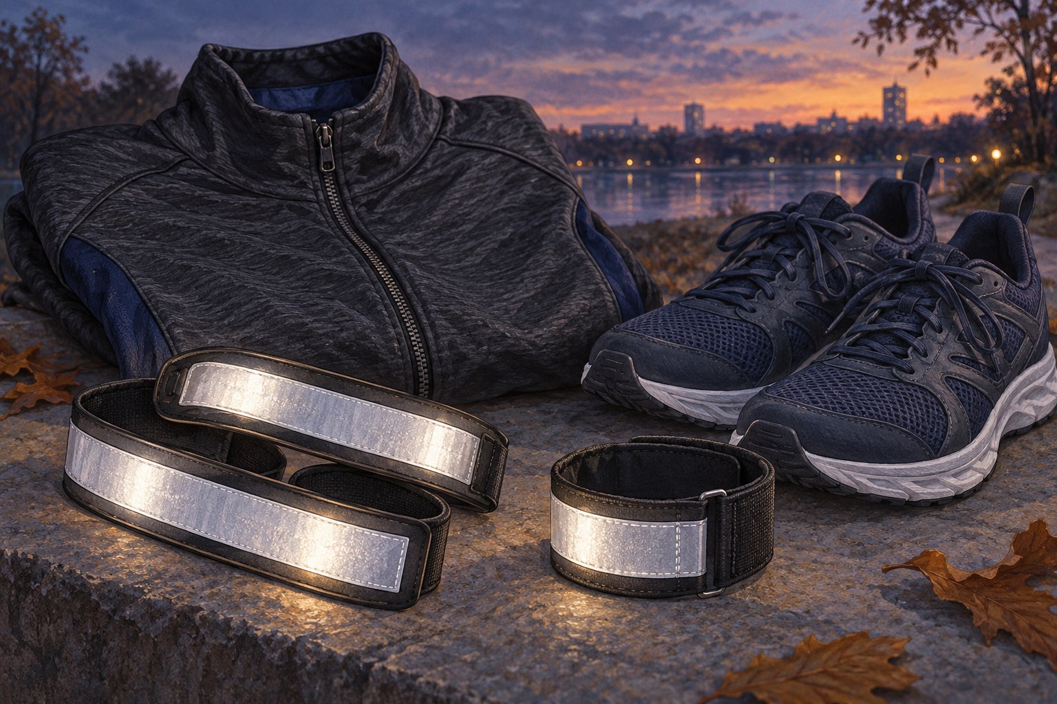 Generated still life of reflective bands beside a jacket and shoes.