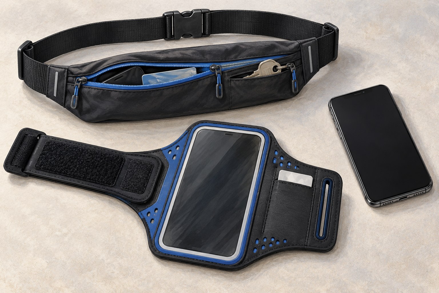 Generated illustration comparing a running belt and a phone armband.