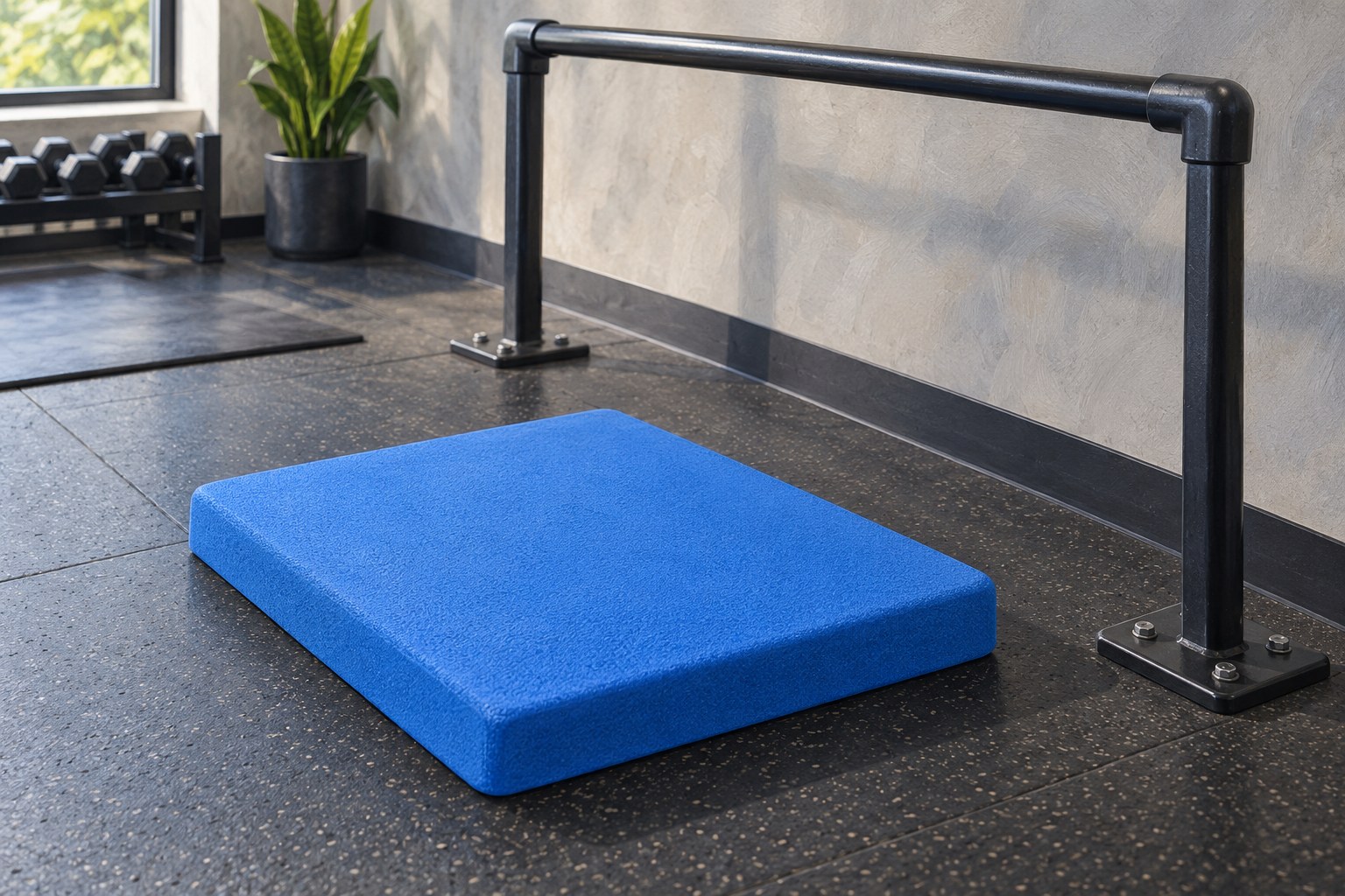 Generated illustration of a foam balance pad beside a fixed support rail.