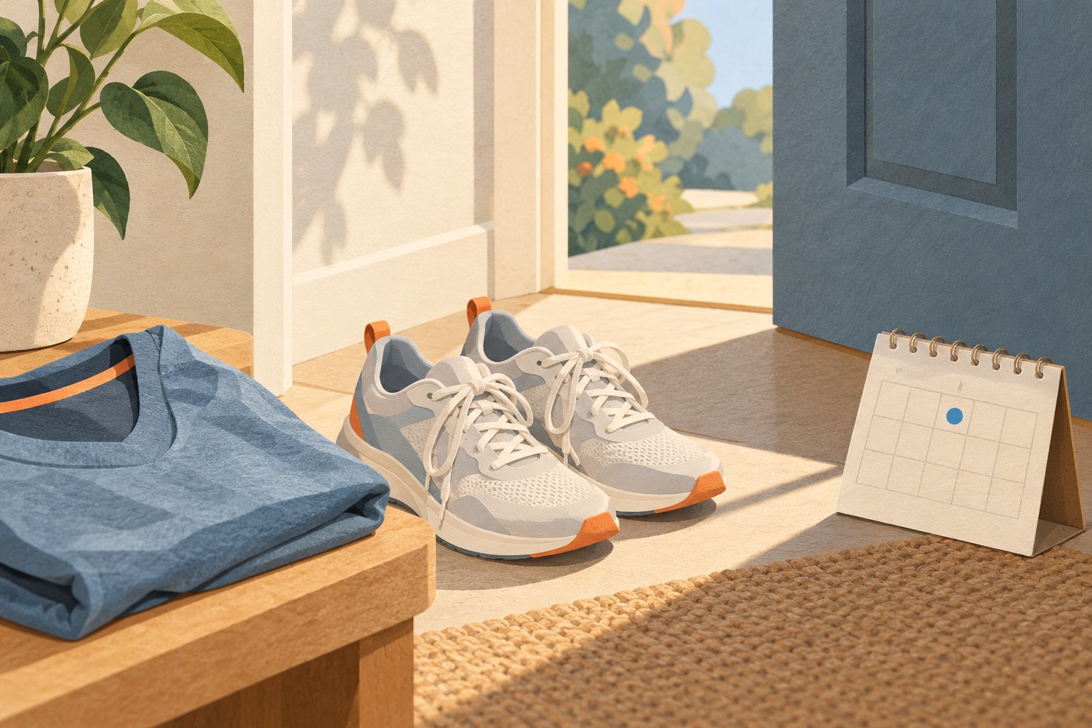 Illustration of training shoes and clothing beside a calendar, ready for a return to exercise.