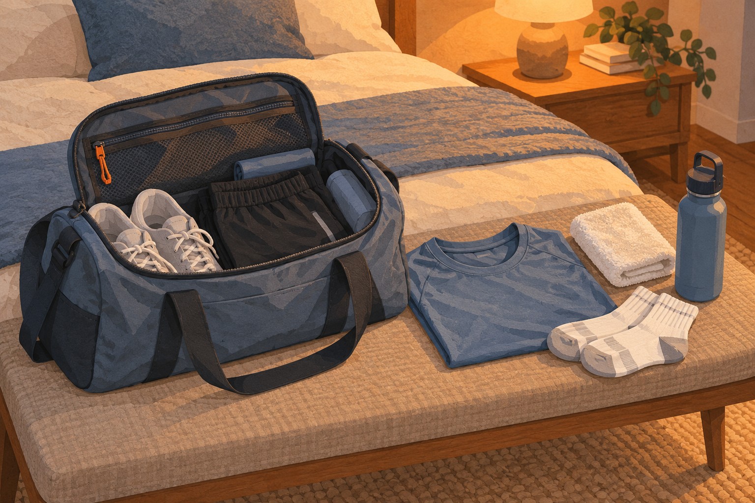 Illustration of a sports bag, clean clothing, socks, towel and bottle prepared the evening before.