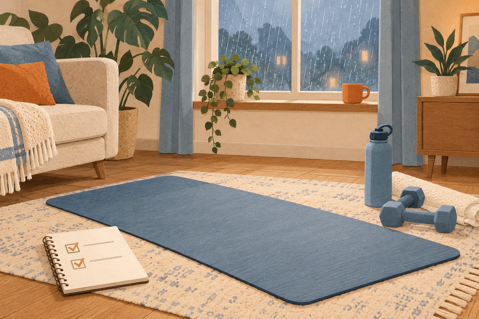 Illustration of a home exercise mat and simple checklist beside a rainy window.