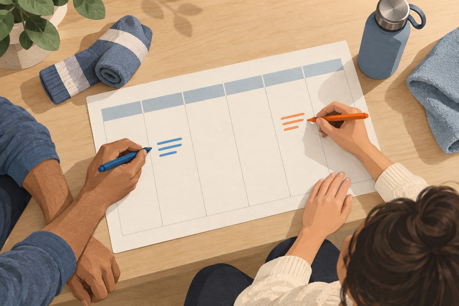 Illustration of two people marking different exercise slots on a shared calendar.