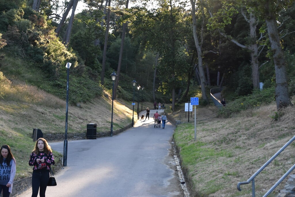 A paved path descending through the wooded slopes of Boscombe Chine.